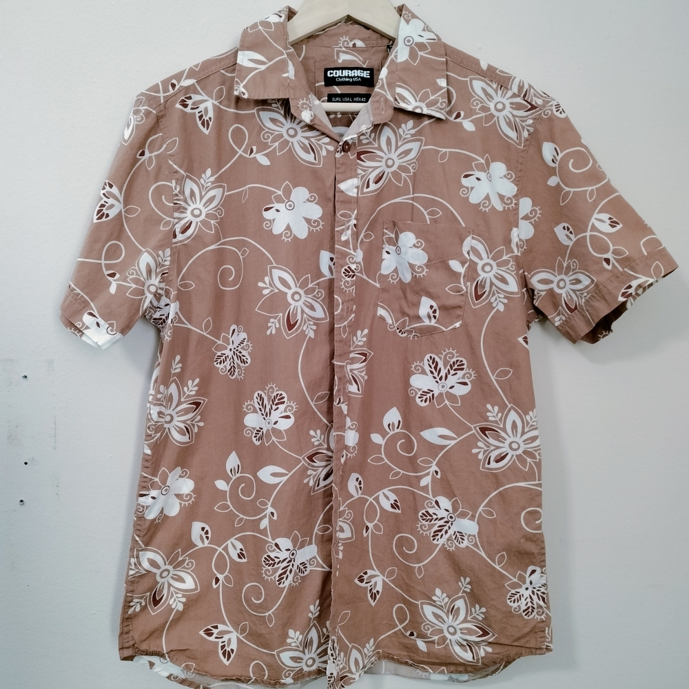 Courage Clothing Tan Khaki Floral Tropical Men's Casual Shirt Sz Large Button Up
